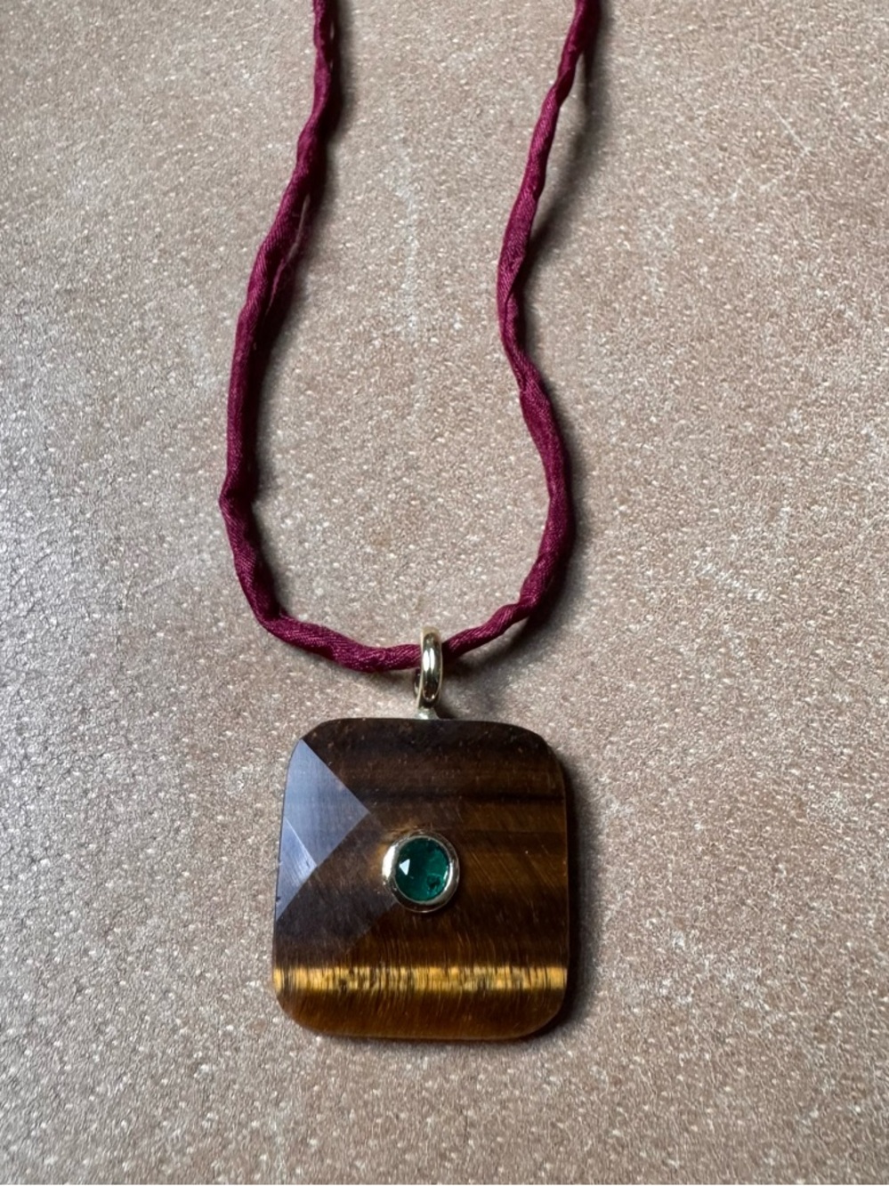 Tigers Eye Pendant Necklace w Green cz emerald on hand dyed silk Burgundy Cord